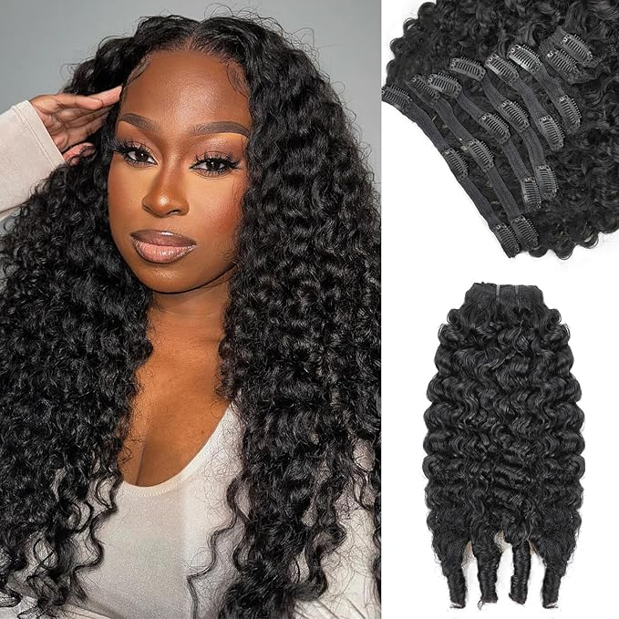 Burmese Curly Clip in Hair Extensions Real Human Hair 8Pcs Brazilian Human Hair Clip ins for Black Women With 18Clips 120g 26inch #1B Natural Black