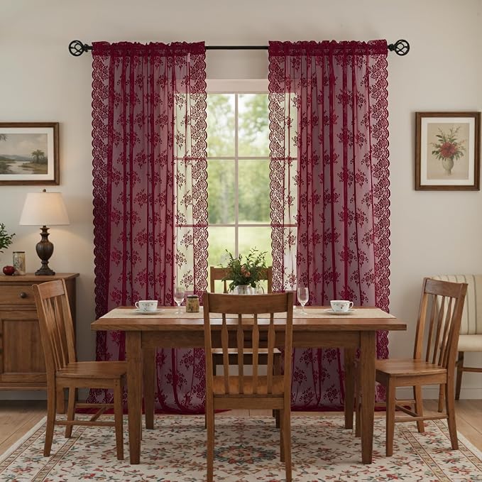 Kotile Burgundy Sheer Lace Curtains - Image 4