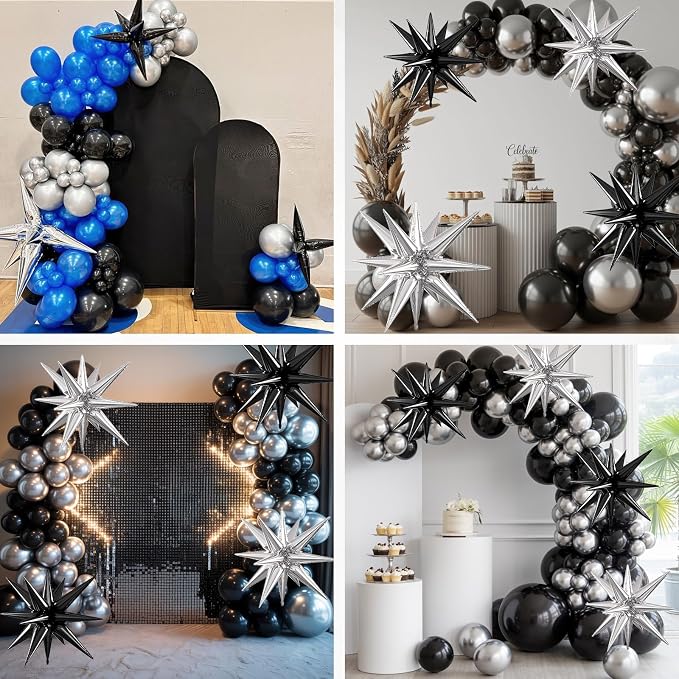 Black Silver Star Balloons, 22/27 Inch Silver and Black Star Foil Balloons - Image 7