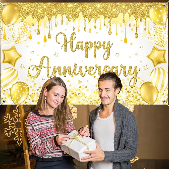 Mocsicka Happy Anniversary Banner White Gold Happy Anniversary Party - Image 8