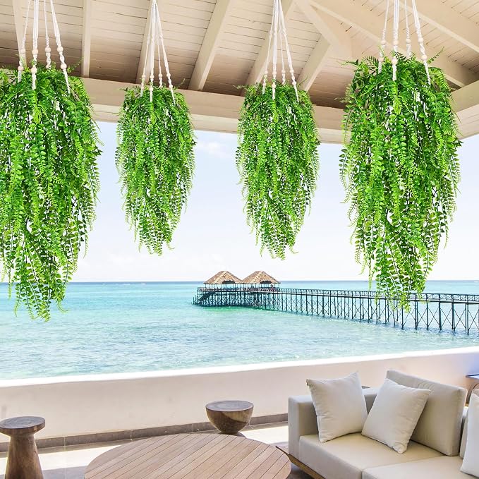 8Pcs Fake Ferns Fake Hanging Plants Artificial Ferns Vine Greenery | UV - Image 4