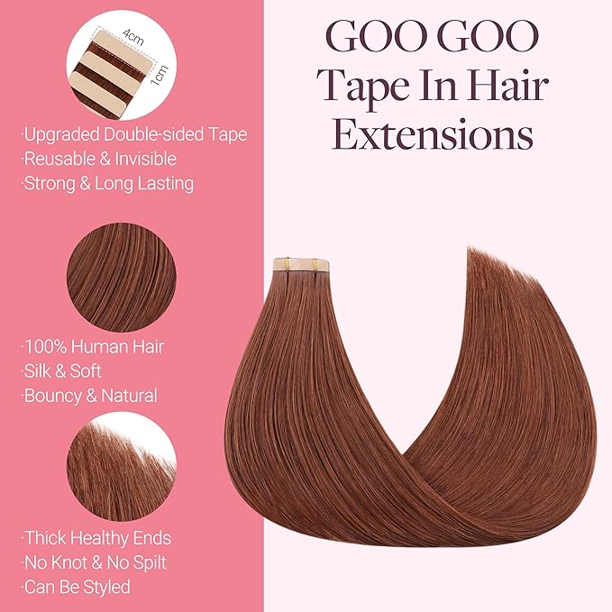 GOO GOO Tape in Hair Extensions Human Hair, #33B Dark Auburn Copper, 14inch 100g 40pcs, Skin Weft Seamless Invisible, Silky Straight with Thick Ends, Remy Human Hair