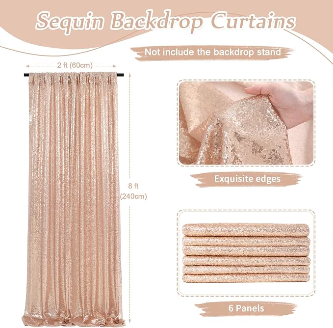 Rose Gold Sequin Backdrop Curtain 6 Pcs 2ftx8ft Wedding Party Backdrop Silver - Image 3