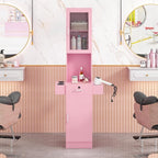 Salon Station for Hair Stylist,Hair Styling Storage Cabinet with Glass Door,Tool Dryer Holders, Salon Beauty Spa Barber Hair Staion, Pink