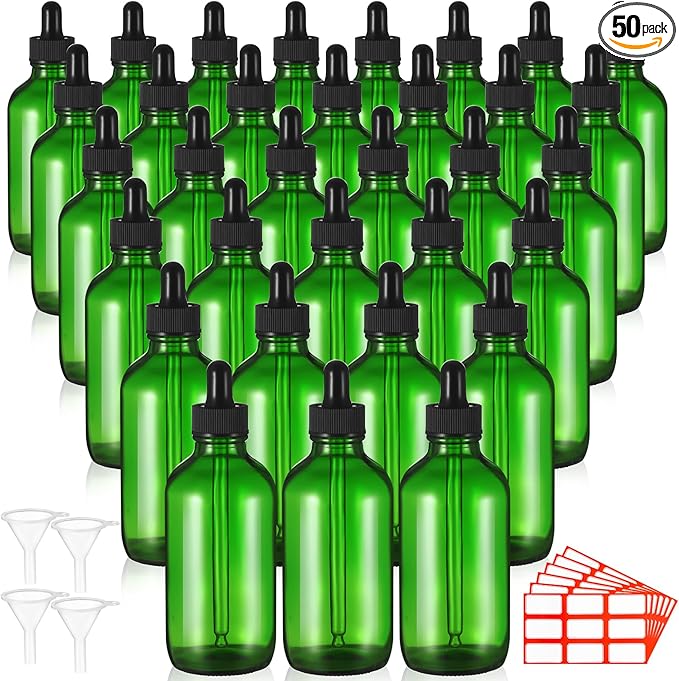 Dandat 50 Pack 4 oz Glass Dropper Bottles Leakproof 120 ml Glass Tincture Bottles with Eye Droppers, 4 Funnels, 54 Labels for Essential Oil Perfumes Hair Oil(Green)
