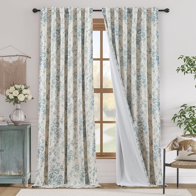 jinchan Blue Floral Linen Blackout Curtains Lined 96 Inch Back Tab 2 Panels | by JINCHAN