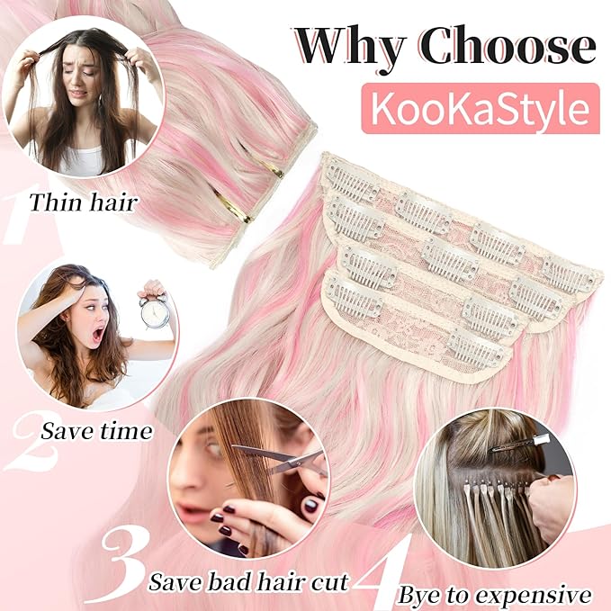 KooKaStyle Clip in Synthetic Hair Extensions Long Wavy 4PCS Thick Hairpieces Blonde with Pink Highlight Fiber Double Weft Natural Hair Extensions 20 Inch for Women