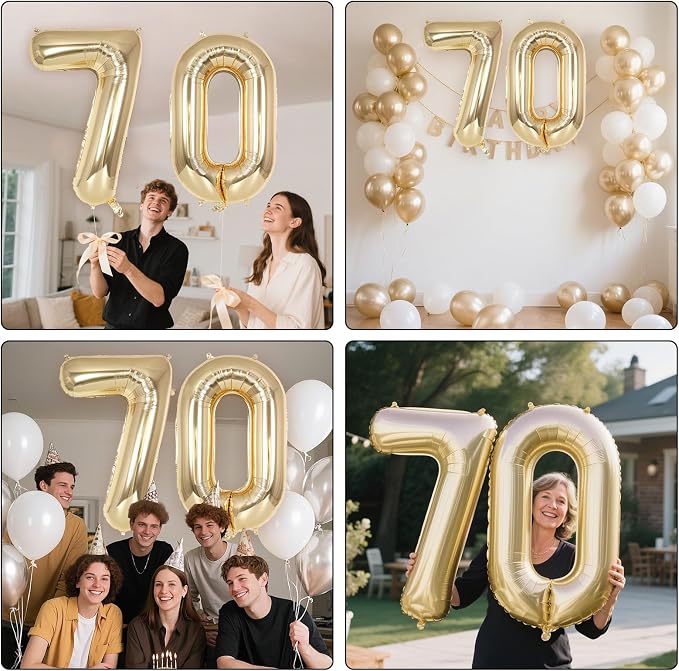Champagne Gold Large Number 70 Balloon, 40 Inch Light Gold Foil Helium Number - Image 7