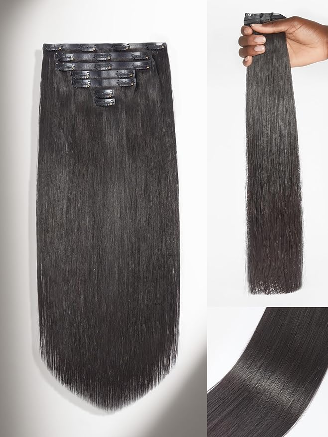 LUVME Seamless Clip in Hair Extensions Human Hair, 16 Inch 135g 9pcs Natural Black Hair Extensions Clip in Human Hair Sliky Straight Remy Human Hair Extensions
