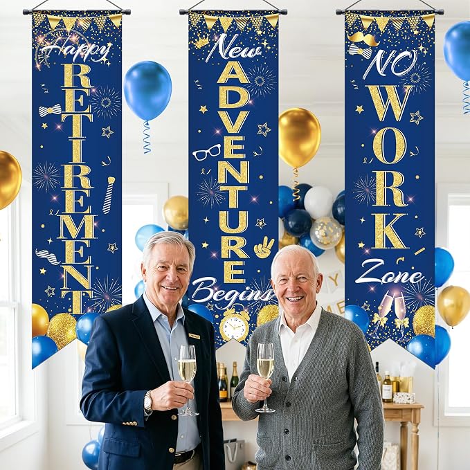 3Pcs Retirement Porch Sign Door Hanging Banner Navy Blue Gold Happy Retirement - Image 5