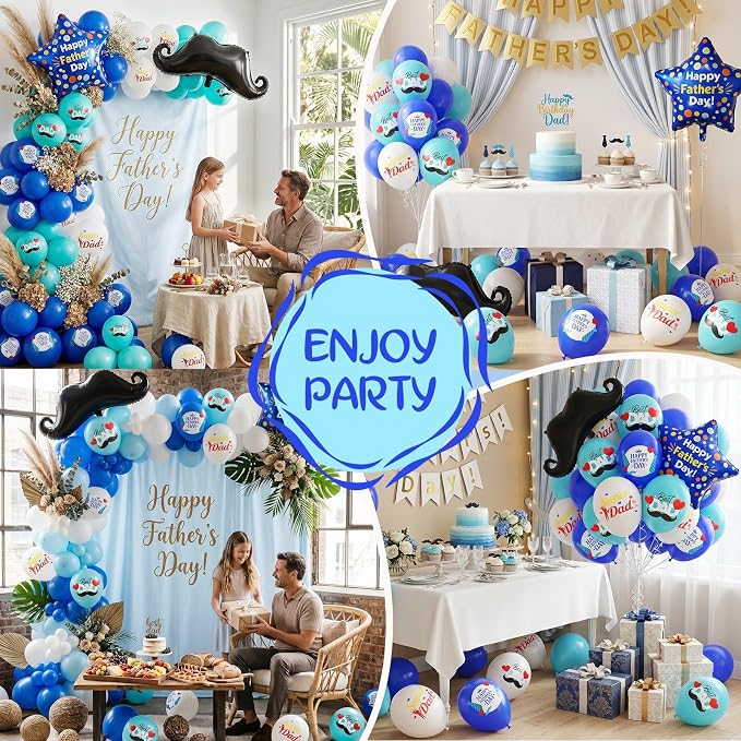 Fathers Day Party Balloons, 12 Inch Royal Blue Teal White Printed Latex Balloons - Image 6