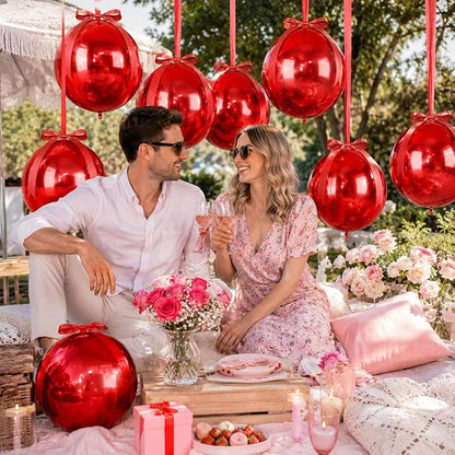 Red Round Foil Balloons with Satin Bows and Ribbon - Image 6