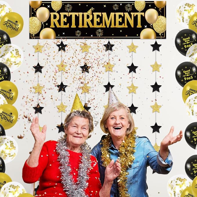 Blosssound Retirement Party Decoration Happy Black Gold Retirement Door Banner - Image 5