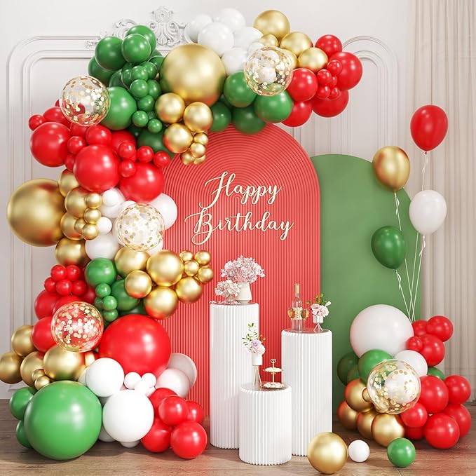 Red White Green and Gold Balloon Arch Kit by Unknown
