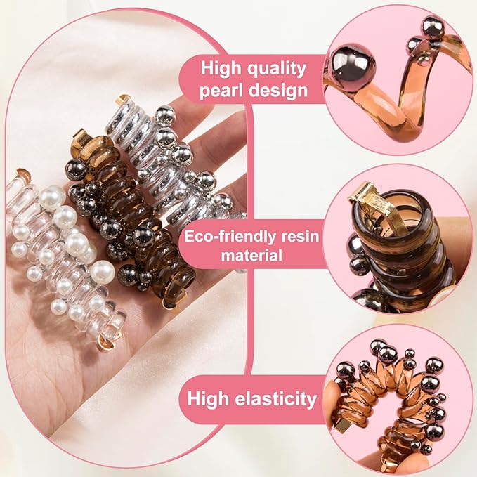 3 Pcs Creaseless Spiral Hair Ties for Women, 3 Colors Pearl Phone Cord Shape Hair Bands, Pearl Telephone Scrunchies, Coil Hair Ties for Thick, Thin, Long, Curly Hair