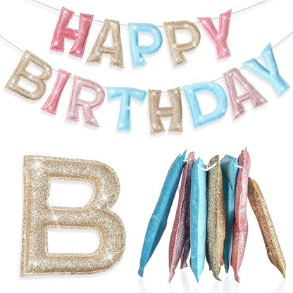 Tegeme Felt Happy Birthday Banner, Pre-strung Glitter Pastel Happy Birthday by Tegeme