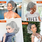 KooKaStyle Ponytail Extension, 10" Short Claw Clip in Pony Tails Hair Extensions Curly Wavy Synthetic Drawstring Hairpieces for Women(Gray and White Tips)
