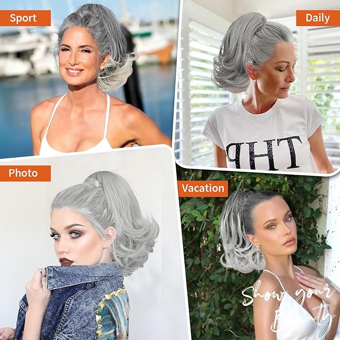 KooKaStyle Ponytail Extension, 10" Short Claw Clip in Pony Tails Hair Extensions Curly Wavy Synthetic Drawstring Hairpieces for Women(Gray and White Tips)