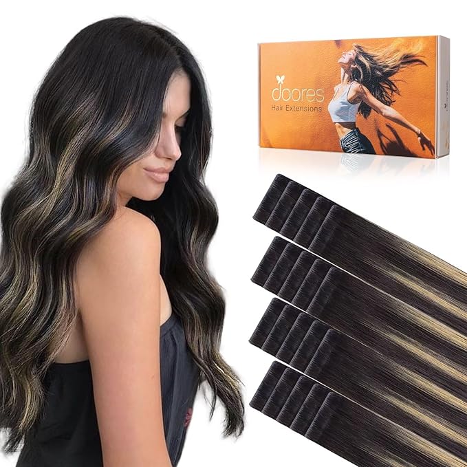 DOORES Invisi Edge Tape in Hair Extensions, Natural Black to Light Blonde 10 Injection Tape-ins with 10 Injection Tape-ins 50g 24 Inch, Injected Tape in Extensions Thick Ends