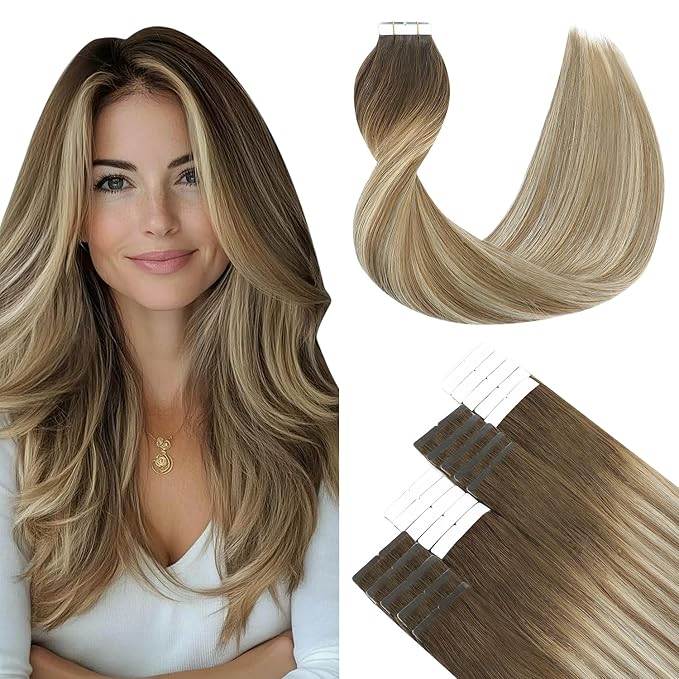 SURNEL Tape in Hair Extensions 16 inch Balayage Darker Brown to Ash Brown mixed Blonde Tape in Hair Extensions Human Hair 20pcs 50g(#3/8/22-16)