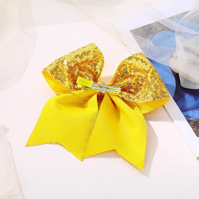 Large Glitter Cheer Bows Clips, Jumbo Big 7 Inch Cheerleading Sequin Hair Bow Hair Accessories for Teens Girls Football Sports Cheerleader Outfit Uniform (Yellow)