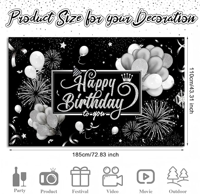 Blulu Happy Birthday Backdrop Banner Sign Poster Large Fabric Glitter Balloon - Image 2