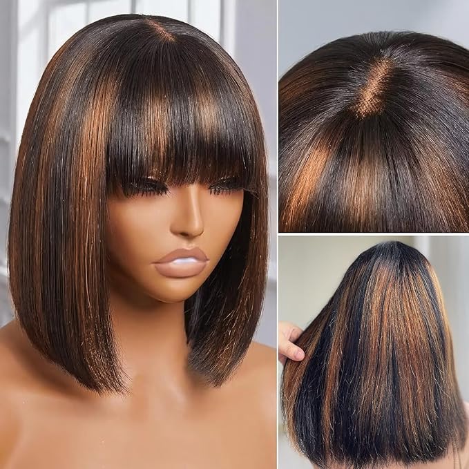 Bob Wig Human Hair with Bangs Glueless 2.5x1 HD Lace Colsure Wigs Human, Bob Wig with Brown Highlights, Ready to Go Short Wigs For Women Beginner Friendly 14 Inch