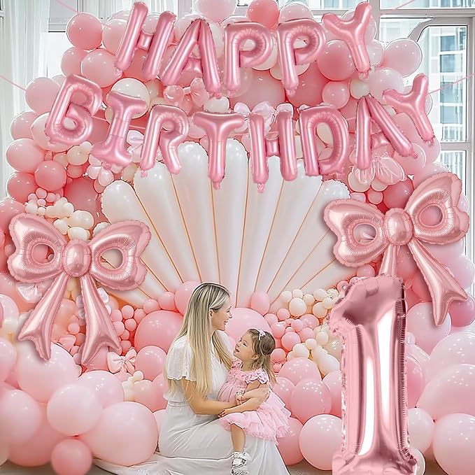 Pink Bow Happy Birthday Balloons, 40” Aluminum Foil Number 1 Balloon - Image 3