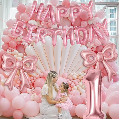 Pink Bow Happy Birthday Balloons, 40” Aluminum Foil Number 1 Balloon - Image 3