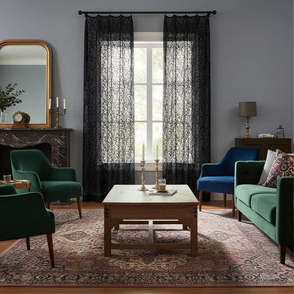 Bujasso Black Lace Pinch Pleat Curtains 108 inch, Gothic Vintage Floral Sheer - Image 5
