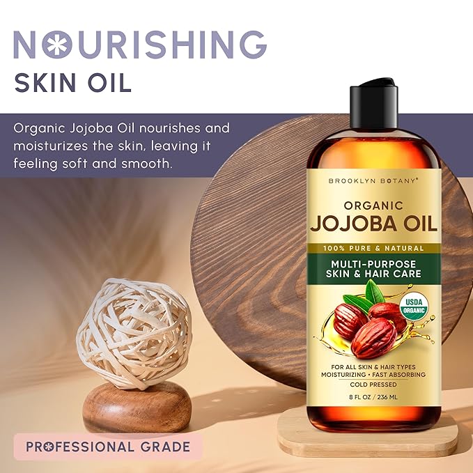 Brooklyn Botany Cold-Pressed Organic Jojoba Oil | for Skin, Hair and Face | 8 Fl Oz | 100% Pure and Natural | Carrier Oil for Essential Oils, Aromatherapy and Massage | Hexane Free