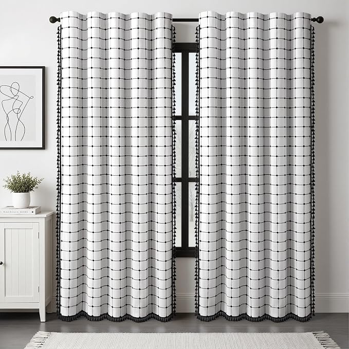 Boho Blackout Black Plaid Curtains 84 Inch Linen Blend 2 Panels | Vintage - Image 2