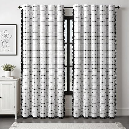 Boho Blackout Black Plaid Curtains 84 Inch Linen Blend 2 Panels | Vintage - Image 2