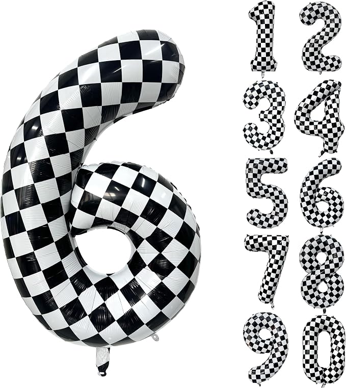 40 Inch Checkered Number Balloon 6 Black and White Number 6 Balloon Foil Helium by Yeodong