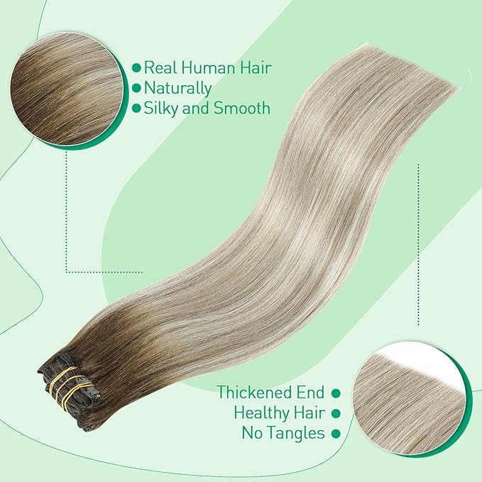 SURNEL Clip in Hair Extensions Real Human Hair Balayage Clip in Hair Extensions 16 Inch 7pcs 140g Walnut Brown to Ash Brown and Golden Blonde Human Hair Clip Extensions (7C#3/8/22-16'')