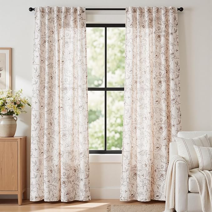 jinchan Floral Linen Curtains for Living Room 84 Inch Length Brown Flower by JINCHAN