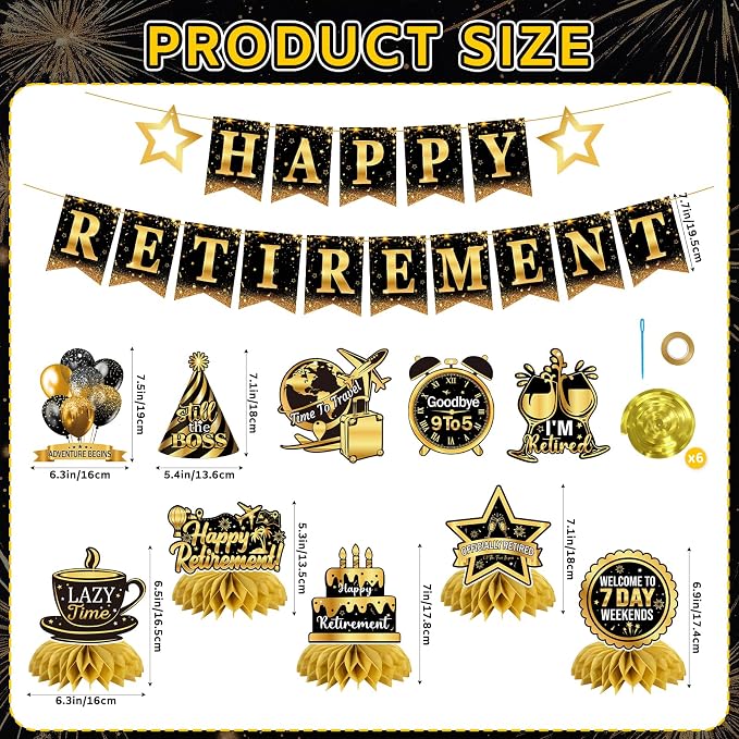 Retirement Party Decorations Set Black and Gold, Happy Retirement Banner - Image 6