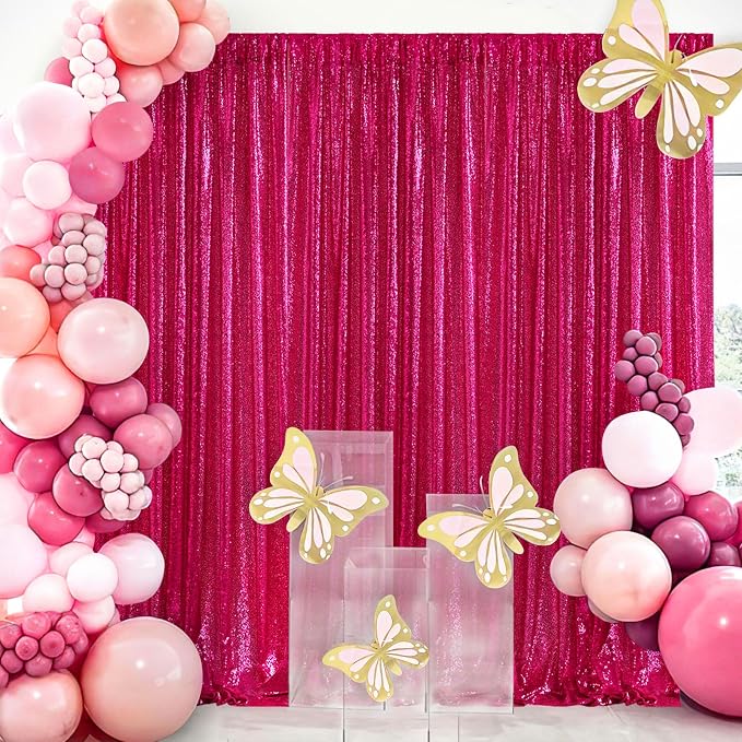 Fuchsia Sequin Curtains Backdrop 6 Pcs 2FTx8FT Shiny Shimmer Fabric | Glitter - Image 3