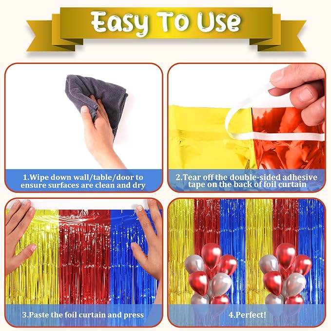 Voircoloria 3 Pack 3.3 x 8.2 ft Blue Red Gold Foil Fringe Backdrop Curtains - Image 3