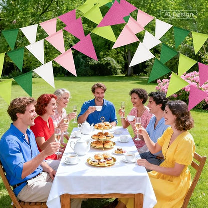 G2PLUS Pre-Strung Burlap Pennant Banner, 65Ft Pink Green and White Triangle - Image 4