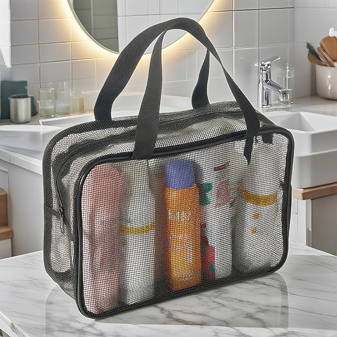 Black Mesh Shower Tote Bag - 12×8Inch Portable Quick-Dry Hanging Pouch for Bathroom, Gym, Camping, Toiletry Organizer