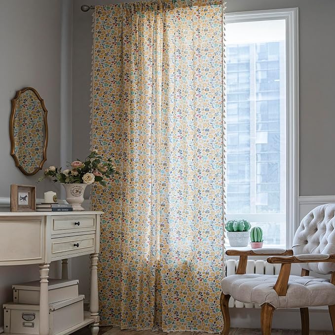 ENJOYBRIDAL Floral Curtains 96 Inch Length 2 Panels Tassel Boho Semi-Sheer - Image 4