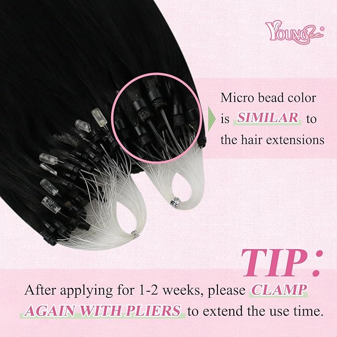 YoungSee Micro Loop Hair Extensions Real Human Hair Black Micro Bead Hair Extensions Real Human Hair Jet Black Beaded Hair Extension Long Hair 22In 50g Microring Hair Extension Remy Hair 50s