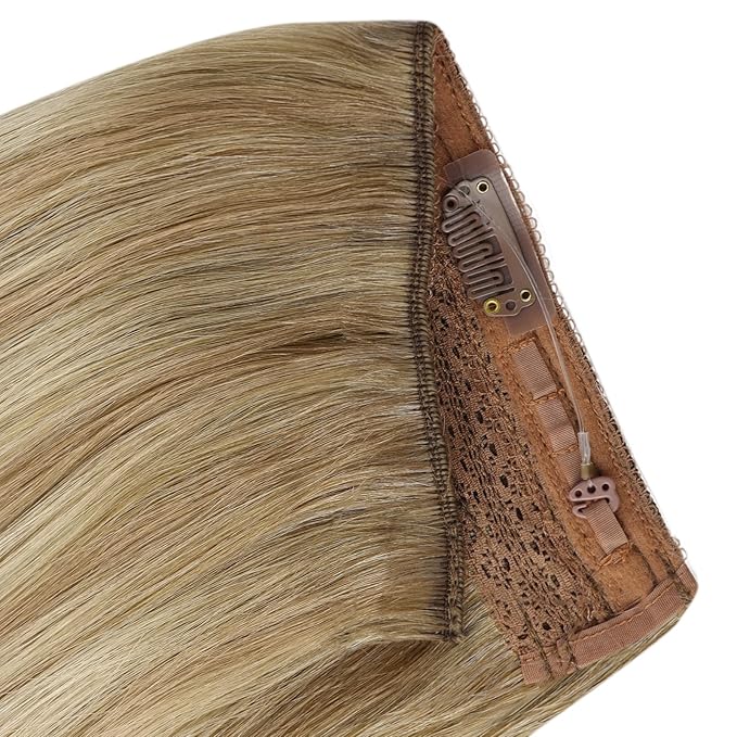 YoungSee Invisible Wire Hair Extensions Light Brown Wire Human Hair Extensions Balayage Light Brown Mix Platinum Blonde Soft Hair One Piece Hair Extension Real Human Hair 80G 14In