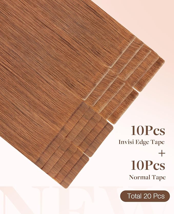 GOO GOO Invisi Edge Tape in Hair Extensions Human Hair, 330 Cinnamon Terra Copper 10pcs injected with 10pcs classical tape ins, 16inch 50g, Virgin Remy Hair, Natural Look