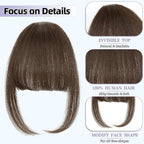 Wispy Bangs Hair Clip, 100% Human Hair Clip In Medium Brown Bangs for Women, Soft Layered Fake Bangs with Feathered Fringe, Easy Clip-On Design for Daily Wear & Halloween