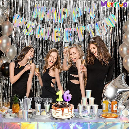 Iridescent Happy Sweet 16 Birthday Banner, Pre-Strung Holographic Party - Image 5