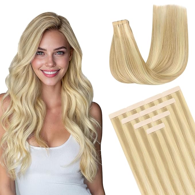 DOORES Tape in Hair Extensions Human Hair, 10pcs 30g 20 Inch Drity Blonde Highlight Golden Blonde, Human Hair Extensions Natural Hair Extensions Seamless Straight