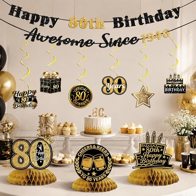 80th Birthday Decorations for Men Women, Pre-Strung Black Gold Happy 80th - Image 5