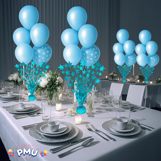 PMU Bursting Star Metallic Foil Spray Centerpiece-Baby Blue Prismatic Balloon - Image 2